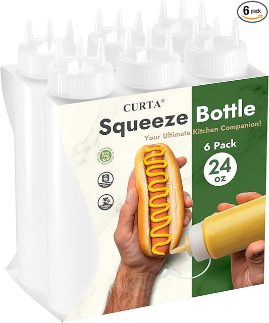 CURTA 6-Pack 24 oz Clear Squeeze Bottle with 3 Open Tips, BPA-Free Easy-to-Squeeze Plastic Condiment Dispenser with oz & ml Markings for Sauce, Oil, Dressing, Dishwasher Safe, White