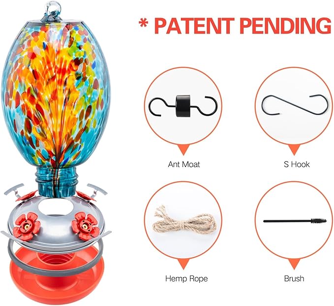 Muse Garden Gifts for Women Glass Hummingbird Feeder for Outdoors Hanging, Mother‘s Day Christmas Valentine Hummingbird Gifts for Women Mom, Ant Moat Included, 2 Pack, Fireworks and Starry