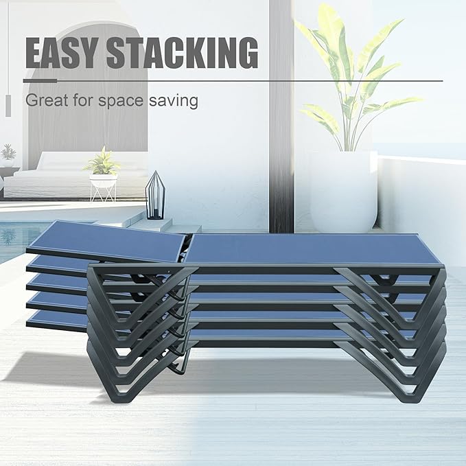 Domi Outdoor Lounge Chair Set of 2, Aluminum Patio Chaise Lounge with 5 Position Adjustable Backrest and Wheels, All Weather Reclining Chair for Patio, Navy Blue