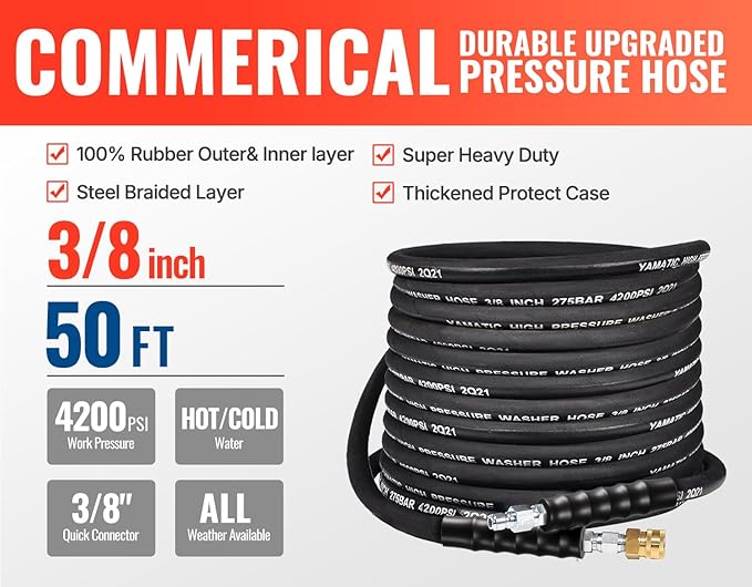YAMATIC 3/8" Pressure Washer Hose 50 FT 4200 PSI for Hot/Cold Water, Kink Resistant Swivel 3/8" & M22-14 Quick Connection Wear Resistant Industry Grade Compatible with Most Power Washer