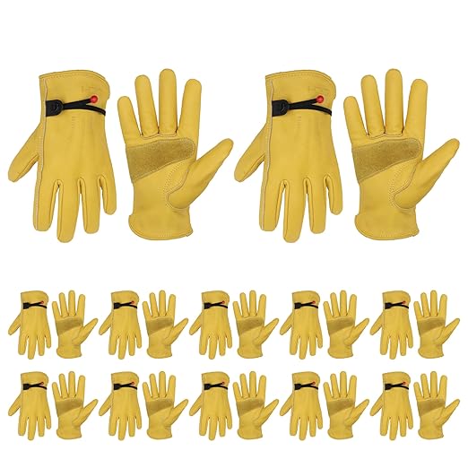 HLDD HANDLANDY 12 Pairs Cowhide Leather Work Gloves with Reinforced Palm for Men & Women (Yellow-12pairs, 2X-Large (Pack of 12))