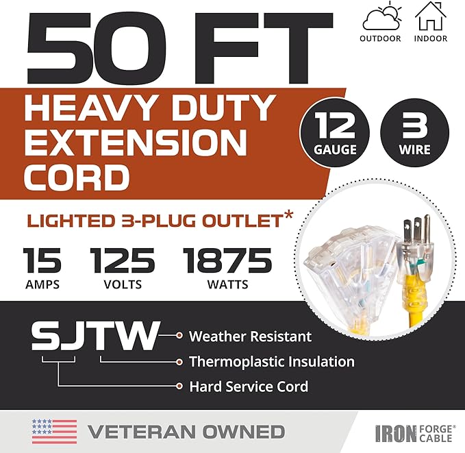 Iron Forge Cable 2 Pack 50 Foot Lighted Outdoor Extension Cord with 3 Outlets - 12/3 SJTW Heavy Duty Yellow Extension Cable 3 Prong - Multiple Outlets