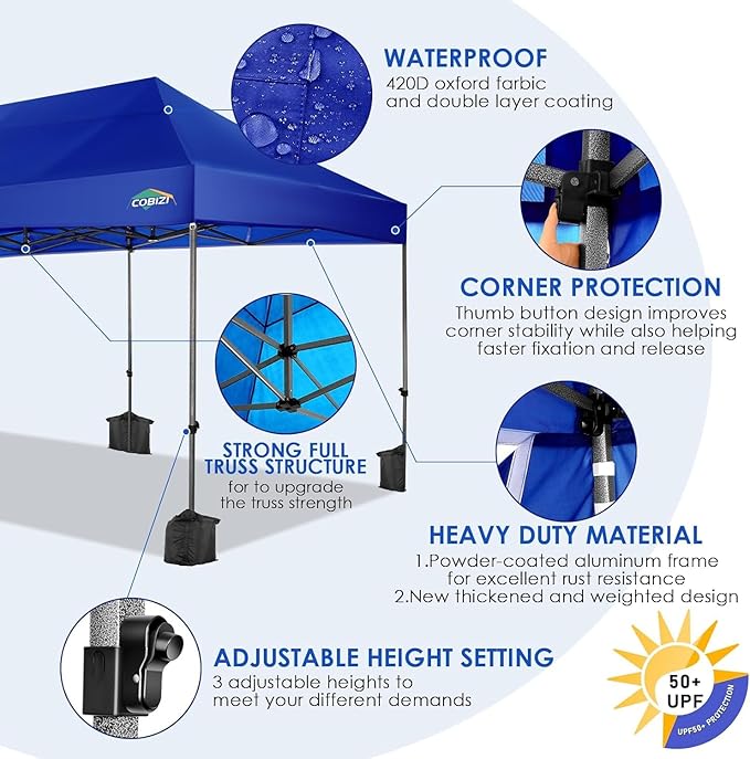 COBIZI 10x20 Heavy Duty Pop up Canopy Tent with 6 sidewalls Easy Up Commercial Outdoor Canopy Wedding Party Tents for Parties All Season Wind & Waterproof with Roller Bag,Navy Blue(Thickened)