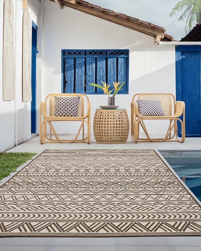 Outdoor Rug Carpet 6x9 ft, Flatweave Textured Outdoor Patio Rug Non Slip Indoor Outdoor Rugs with Rubber Particles Backing Boho Outdoor Area Rug for Patio Deck Front Porch Backyard Balcony, Brown