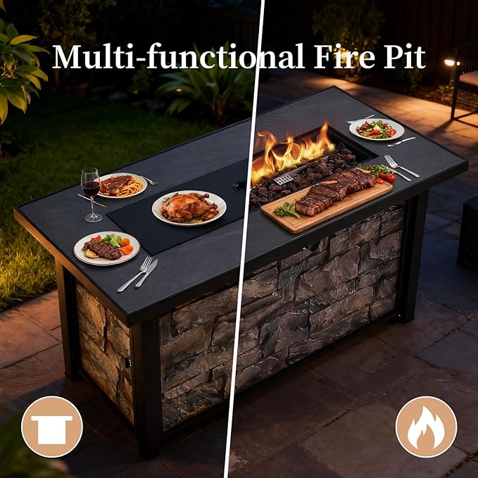 48'' Propane Fire Pit Table for Outdoor, Ceramic Tabletop & Polyresin Natural Stone Base, 50000 BTU Gas Fire Pit Table for Outside Patio and Garden, with Lava Rock
