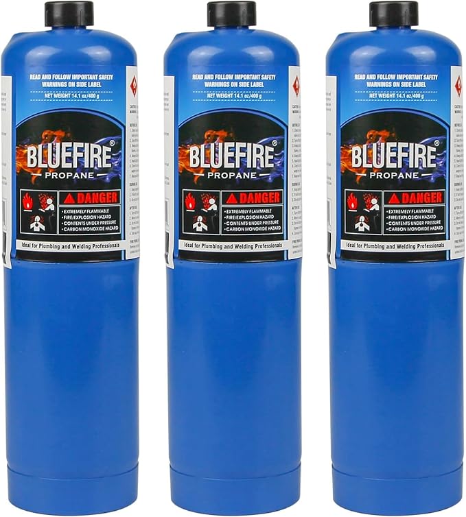 Pack of 3, BLUEFIRE Standard Propane Gas Cylinder Canister Welding Brazing Soldering Fuel Gas for HVAC Plumbing Cooking Grilling and Camping 1 lb Small Propane Tank for Propane Torch Head Weed Torches