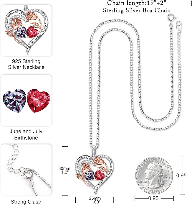 Iefil Christmas Gifts for Women Wife - 925 Sterling Silver Rose Heart Birthstone Necklace Birthday Anniversary Jewelry Gifts for Her Wife Mom Daughter
