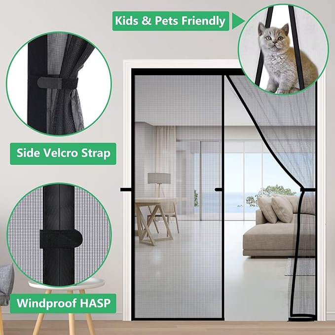 RELIANCER Fiberglass Magnetic Door Screen,Fit Door Size 72"x96",Auto Close Screen Door Mesh w/Magnets,Patio Doorway Net Screens,Self-Closing Doors Cover,Anti Mosquito Doorway Curtain,Mesh Partition