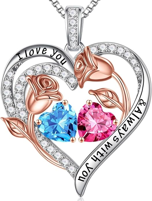 Iefil Christmas Gifts for Women Wife - 925 Sterling Silver Rose Heart Birthstone Necklace Birthday Anniversary Jewelry Gifts for Her Wife Mom Daughter