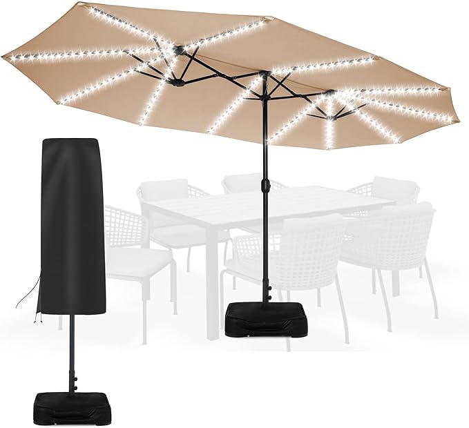 Sundale Outdoor Solar 144 LED 15 ft Patio Umbrella with Sandbag Base Included and Cover, Outdoor Double-Sided Umbrella