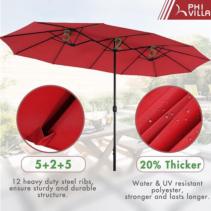 PHI VILLA 7 Piece Outdoor Dining Set with Umbrella, Rectangular Wood Top Metal Dining Table & Cushioned Wicker Chairs & 13ft Large Red Umbrella for Patio, Deck, Yard