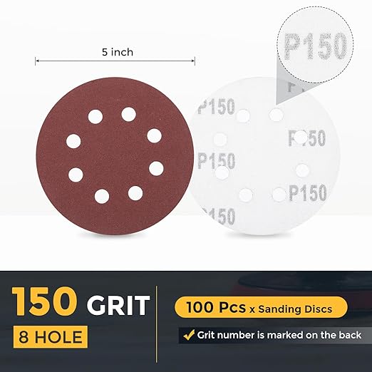 HARFINGTON 100 Pcs 5 Inch Sanding Discs, 150 Grit Hook and Loop Sandpaper, 8-Hole Aluminum Oxide Orbital Sander Sandpaper for Woodworking Automotive Metal Polishing, Red