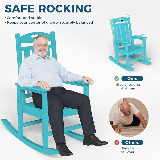 Ciokea Oversized Outdoor Rocking Chair, HDPE Porch Rocking Chair for Outside, Weatherproof Comfortable Patio Rockers for Front Deck Balcony, Lake Blue