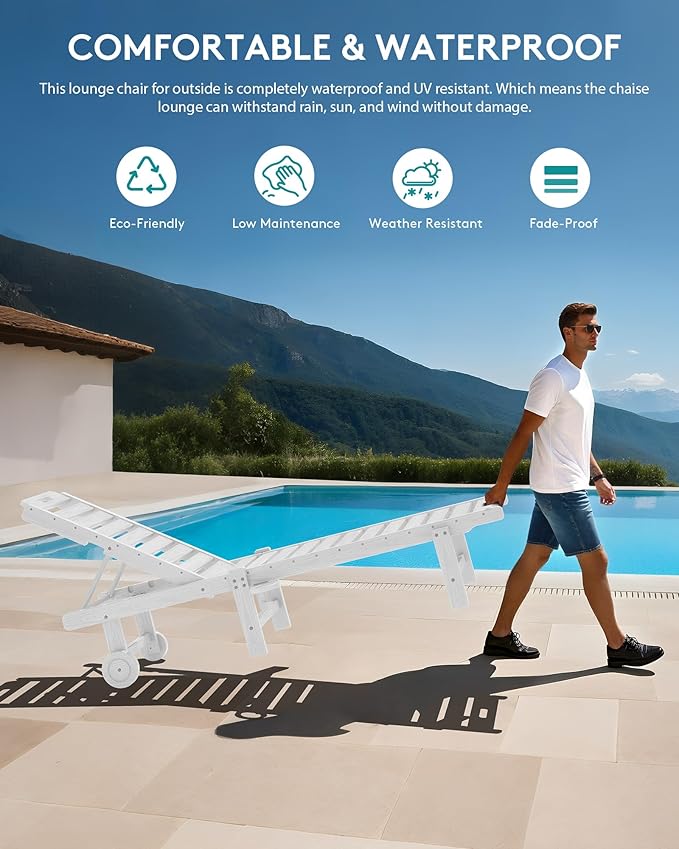 SERWALL Patio Chaise Lounge Set of 4, HDPE Outdoor Lounge Chair with Cup Holder, 5 Positions Adjustable Pool Lounge Chair with Rolling Wheels for Poolside, Deck, Sunbathing, White