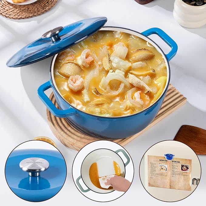 Enamel Cast Iron Dutch Oven with Lid,Dual Handles,Heavy-Duty Cookware for Sourdough Bread Baking,Braising,Stews,Roasting,Oven Safe up to 500° F,7QT,blue