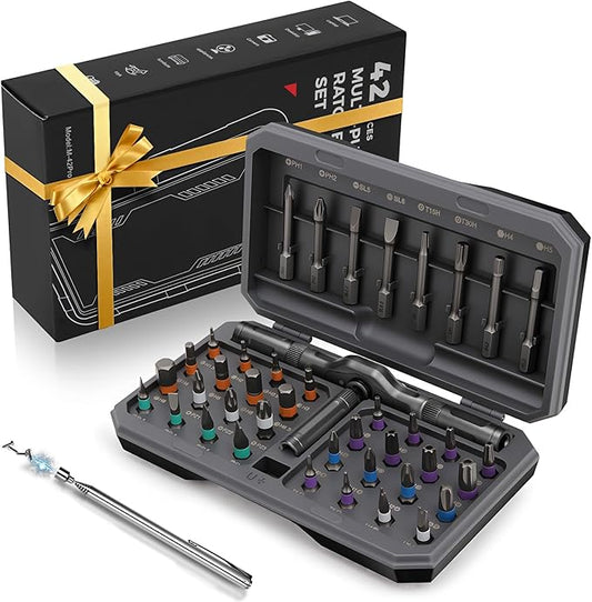 DISEN 42 in 1 Ratcheting Screwdriver Set with 58-Tooth Handle & Magnetic Pickup, 40 S2 Steel Bits Long/Short, Professional Repair Kit for Electronics, Computer, Furniture,Bike, Ideal Gift for Men