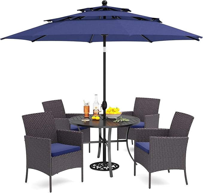 PHI VILLA 5 Piece Outdoor Dining Set with Umbrella for 4, Round Metal Steel Dining Table & Wicker Chairs with Cushions & Blue Umbrella, Modern Furniture for Patio, Deck, Yard, Porch
