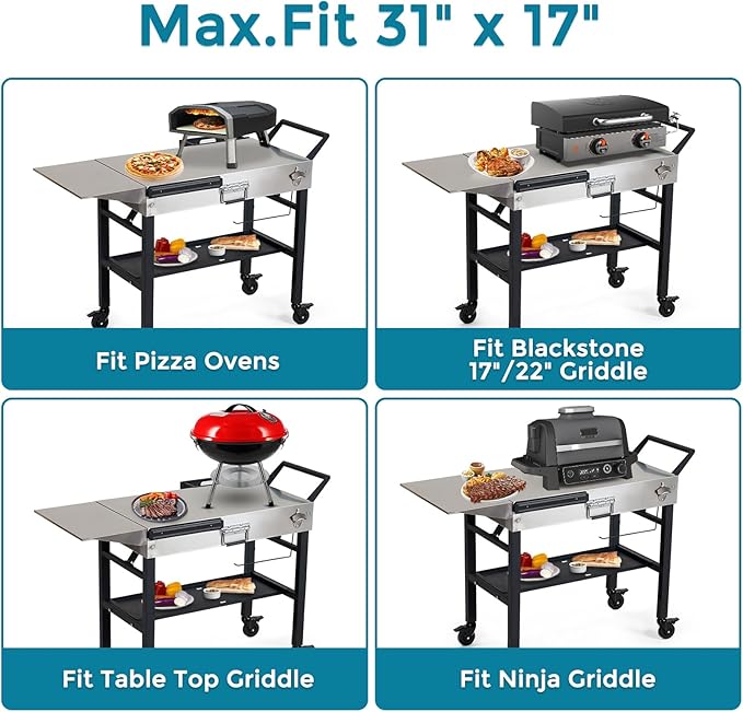 Annualing Stainless Steel Portable Outdoor Grill Cart, Foldable Grill Table with Wheels, 31 x 17 Inch, Expansion Table, 17/22 Inch Blackstone Grills, Ninja Woodfire Grills, Pizza Ovens