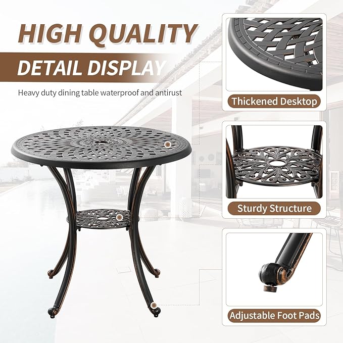3 Piece Outdoor Dining Set,Cast Aluminum Bistro Set with Umbrella Hole, All Weather Patio Furniture Set, Small Patio Dining Set for Garden/Balcony/Deck Bronze (Flower Backrest)