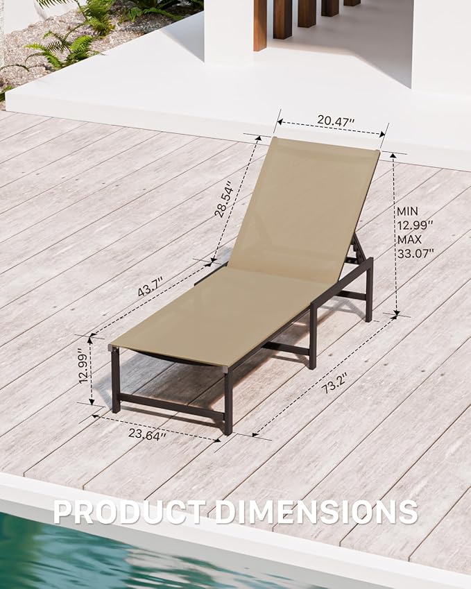 Chaise Lounge Chair Outdoor,Aluminum Patio Lounge Chairs,Lounge Chairs with 5 Adjustable Backrest and Headrest Pillows for Outside Beach,Khaki