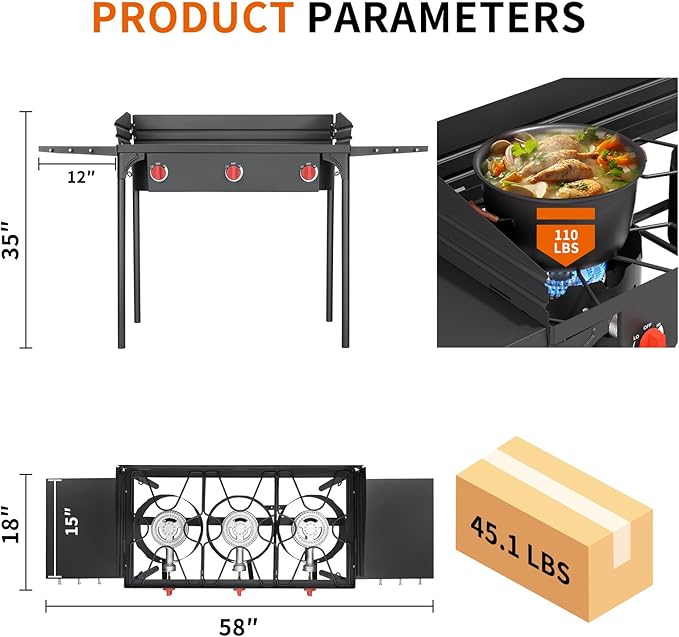 SKOK 3 Burners Propane Stove with Wind Panel &ide Shelves, Camping Propane Stove, Outdoor Stove