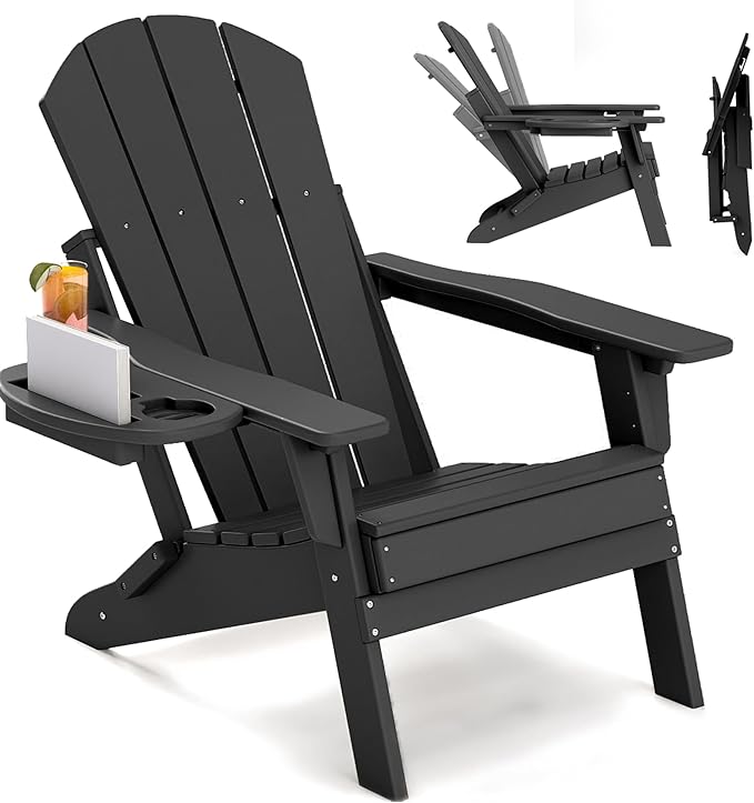 FOOWIN Folding Adjustable Adirondack Chair,HDPE Adirondack Chair w/4 in 1 Cup Holder Trays,All-Weather Resistant Fire Pit Chair, Outdoor Chair for Patio Lawn Poolside,400lbs,Black