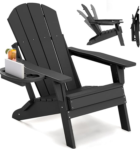 FOOWIN Folding Adjustable Adirondack Chair,HDPE Adirondack Chair w/4 in 1 Cup Holder Trays,All-Weather Resistant Fire Pit Chair, Outdoor Chair for Patio Lawn Poolside,400lbs,Black