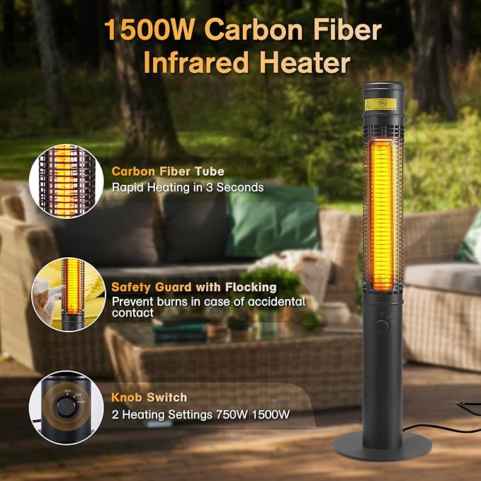 Electric Outdoor Heater for Patio, 1500W 40" Large Standing Space Infrared Heaters for Indoor Outdoor Use, Carbon Fiber Radiant Tower Heater for Yard, Garage, Home