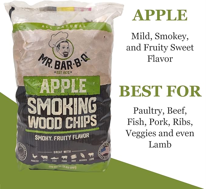 Mr. Bar-B-Q Apple Wood Smoker Chips, Wood Chips for Smokers, Alternative for Charcoal Briquettes Can be Use on Gas, Charcoal Grills, 100% Natural Apple Flavor for Grilling BBQ, Camping (1.8 Lb Bag)
