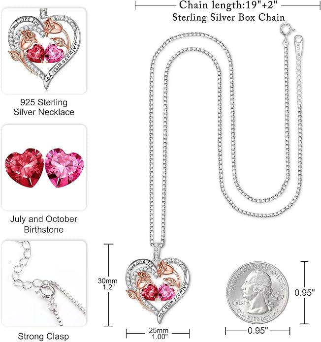 Iefil Christmas Gifts for Women Wife - 925 Sterling Silver Rose Heart Birthstone Necklace Birthday Anniversary Jewelry Gifts for Her Wife Mom Daughter