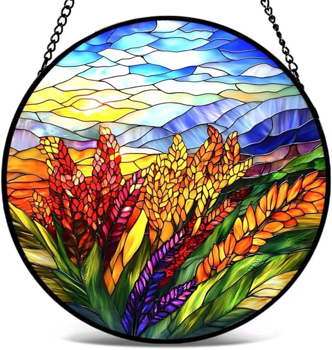 Stained Glass Window Hanging - The Season of Golden Wheat Harvest Suncatcher fof Garden Home Decor for Women Mon Grandma Friends