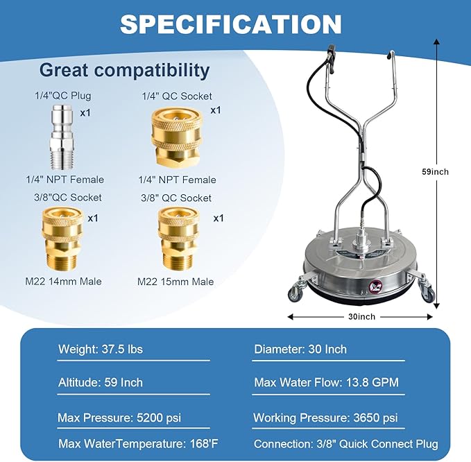 Garvee 24" Pressure Washer Surface Cleaner with 4 Wheels&Dual Handles, 4900PSI Stainless Steel Surface Cleaner Attachment for Pressure Washer for Concrete Driveway Sidewalk Deck Patio (30 in)