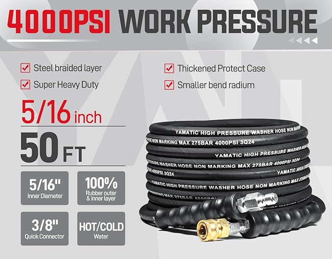 YAMATIC 5/16" Flexible Pressure Washer Hose 50FT, Kink Resistant Swivel 3/8" Quick Connector, 4000 PSI High Durability Cold Hot Water Max. 212°F, Fit Most Residential and Commercial Pressure Washer