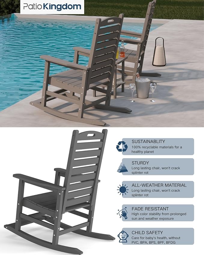 Outdoor Rocking Chairs Set of 2 with Footrest, HDPE Modern Rocking Lawn Chair for Garden, Poolside, Deck (Grey)
