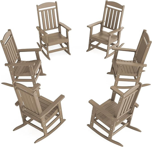 Outdoor Rocking Chairs Set of 6, Oversized High Back Patio Rocking Chairs, All Weather Porch Rocking Chairs for Outside. Brown