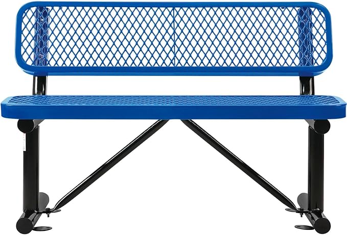 Global Industrial 4'L Heavy Duty Expanded Metal Mesh Bench with Backrest with Steel Frame, Portable Outdoor Bench, 1000 lbs Capacity, Blue, 48" L x 24" W x 33" H