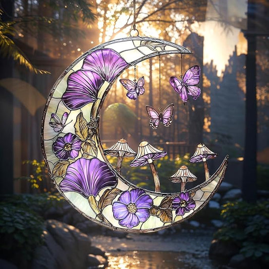 Crescent Moon Christmas Ornament Boho Acrylic Suncatcher with Purple Flowers Window Hanging Stained Glass Effect Art Garden Decor Unique Celestials Gift for Mom Thanksgiving
