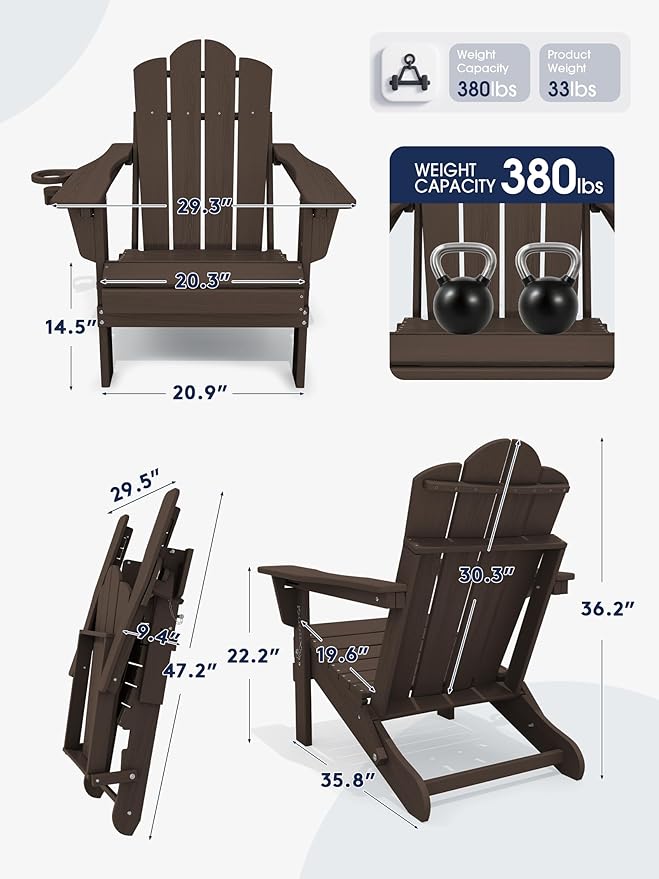KINGYES Adjustable Folding Adirondack Chair, 3-Position Reclining Adirondack Chairs with Cup Holder, HDPE All-Weather Oversized Adirondack for Outdoor, Patio, Backyard Deck, Fire Pit, Coffee