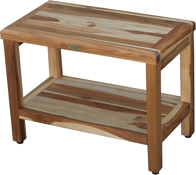 EcoDecors Eleganto 24 Inch Natural Color Waterproof Teak Wood Shower Bench Stool Seat Chair For Inside Shower Provides Safety, Storage, and Organization For Bathroom Accessories