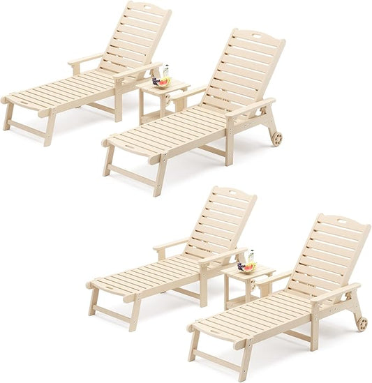 LUE BONA Chaise Lounge Chairs Set with Table, 6-Piece, 79'' Oversized HDPS Chaise Lounger, 5 Positions Adjustable Patio Lounge Chairs, Pool Lounge Chair with Wheels for Poolside, 3-Year Warranty, Sand
