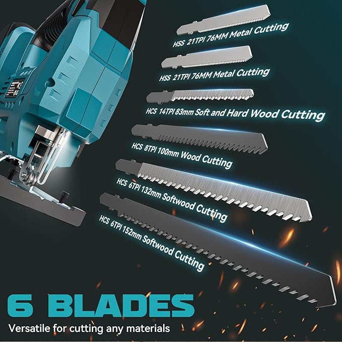 Ecarke Cordless Jig Saw Compatible With Makita 18V Battery, Brushless, 7 Speeds Dial Control, 4 Orbital Sets, Dust-Blowing, ±45° Bevel Cuts, LED Light and 6PCS Blades For Cutting (Without Battery)