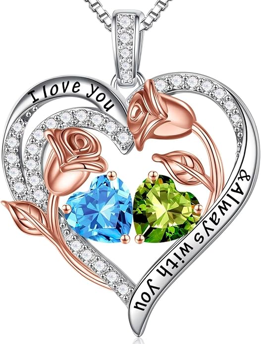Iefil Christmas Gifts for Women Wife - 925 Sterling Silver Rose Heart Birthstone Necklace Birthday Anniversary Jewelry Gifts for Her Wife Mom Daughter