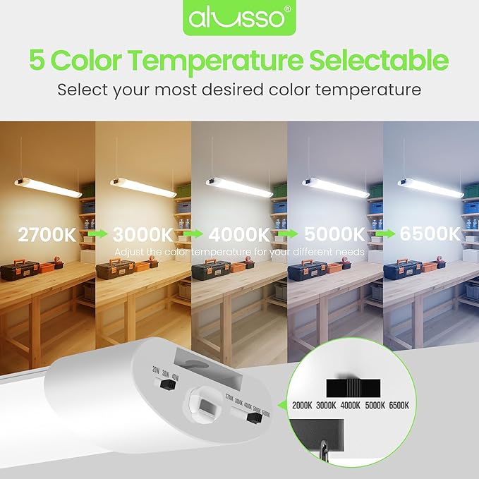 ALUSSO® 5CCT LED Shop Lights for Workshop 4FT, 4800LM Super Bright, 20W 30W 40W 2700K 3000K 4000K 5000K 6500K Selectable, Linkable Linear Work Light for Garage Basement, ETL, 4 Pack