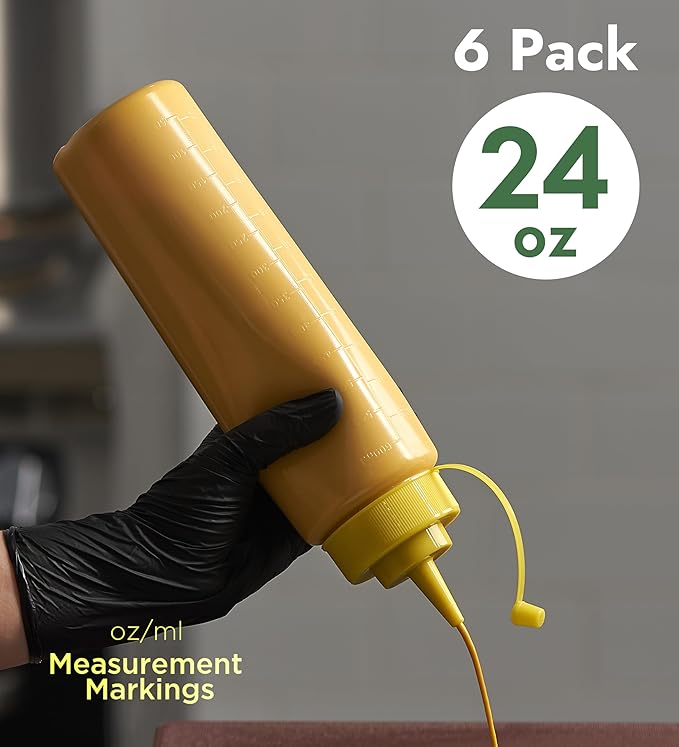 CURTA 6-Pack 24 oz Clear Squeeze Bottle with Cap, BPA-Free Easy-to-Squeeze Plastic Condiment Dispenser with oz & ml Markings for Sauce, Oil, Dressing, Dishwasher Safe, Yellow