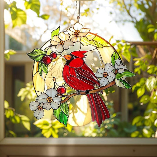 Cardinal Christmas Ornament Red Birds Acrylic Suncatcher Window Hanging Stained Glass Effect Art Garden Decor Unique Memorials Gift for Mom Grandma Women Thanksgiving