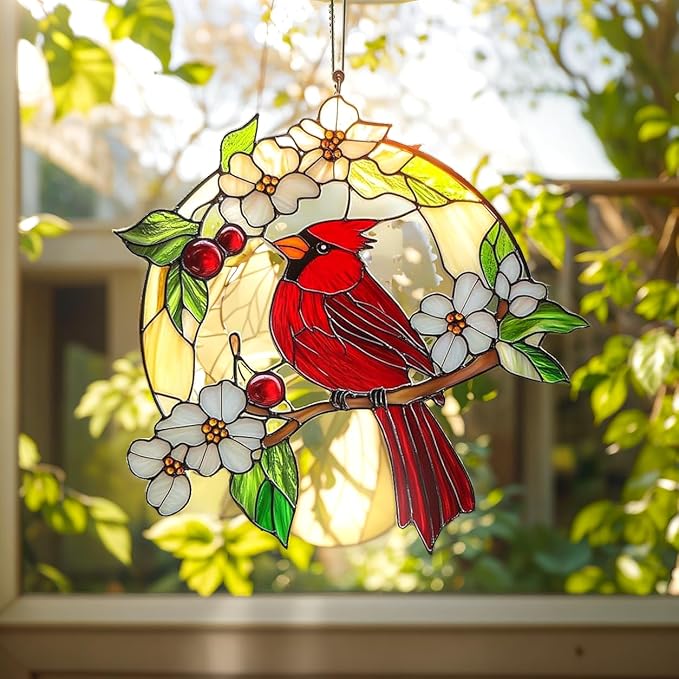 Cardinal Christmas Ornament Red Birds Acrylic Suncatcher Window Hanging Stained Glass Effect Art Garden Decor Unique Memorials Gift for Mom Grandma Women Thanksgiving