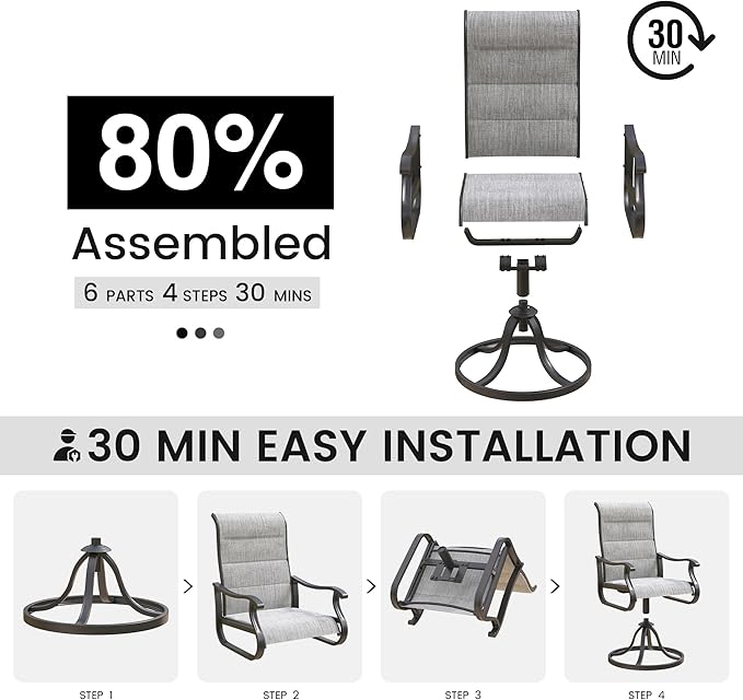 Patio Swivel Chairs Set of 4, Outdoor Dining Chairs with High Back, All-Weather Swivel Rocker Chair for Lawn, Porch or Garden (Padded Grey)