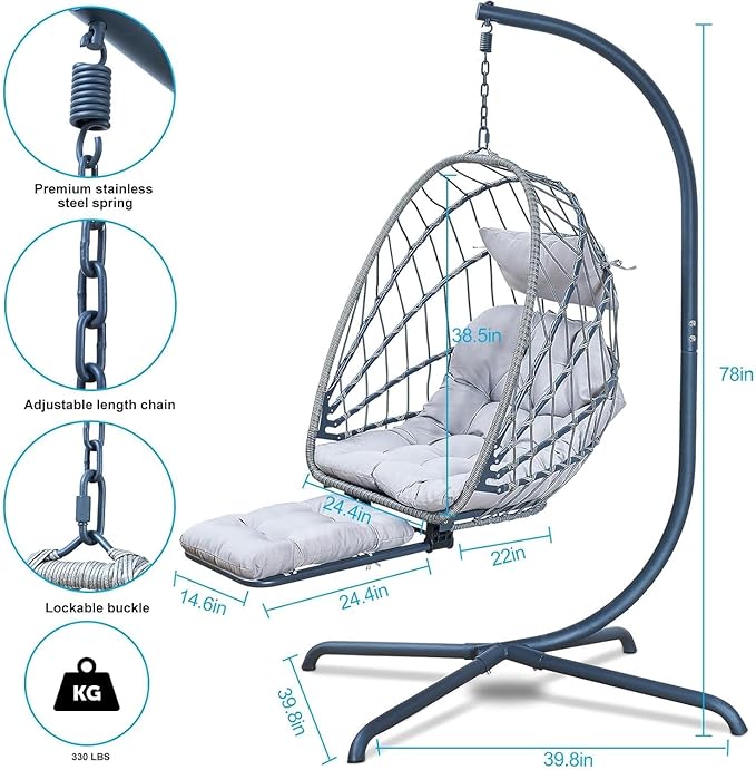 Hanging Egg Chair with Leg Rest and Stand – Rattan Wicker Swing Hammock Chair, UV-Resistant Cushion, Heavy-Duty Frame for Indoor & Outdoor Patio, Bedroom, Balcony, Garden – 330 lbs Capacity(Grey)