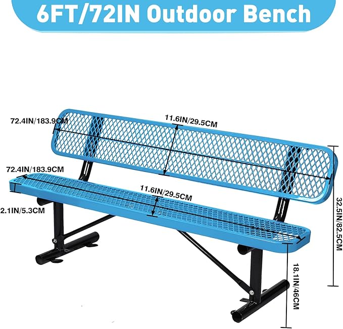 6Ft Outdoor Bench with Back Portable Frame, Outdoor Steel Park Bench with Backrest, Expanded Metal Mesh Bench for Outside, Lawn, Backyard, Park, Garden, Patio, Porch, Blue