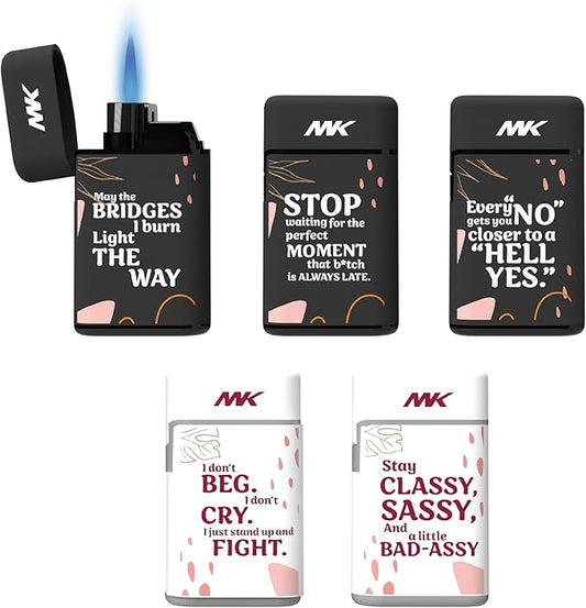 MK Lighter 5-Pack Torch Flame Pocket Lighters, Refillable and Multipurpose, Ideal for Candles, BBQ, Camping, and Everyday Use (Affirmation-5PC)